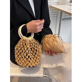 Handmade Braid Drawstring Wooden Handle Beach Tote Bag