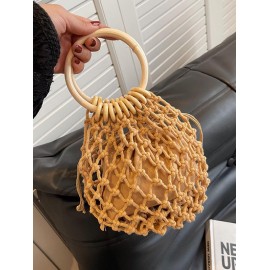 Handmade Braid Drawstring Wooden Handle Beach Tote Bag