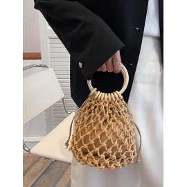 Handmade Braid Drawstring Wooden Handle Beach Tote Bag