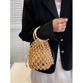 Handmade Braid Drawstring Wooden Handle Beach Tote Bag