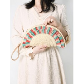 Women's Beach Vacation Straw Raffia Tassel Semicircle Fan Shaped Wristlet