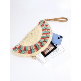 Women's Beach Vacation Straw Raffia Tassel Semicircle Fan Shaped Wristlet