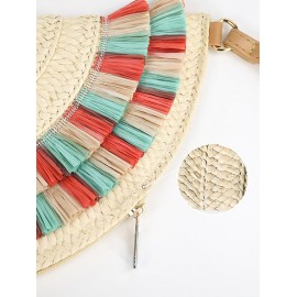 Women's Beach Vacation Straw Raffia Tassel Semicircle Fan Shaped Wristlet