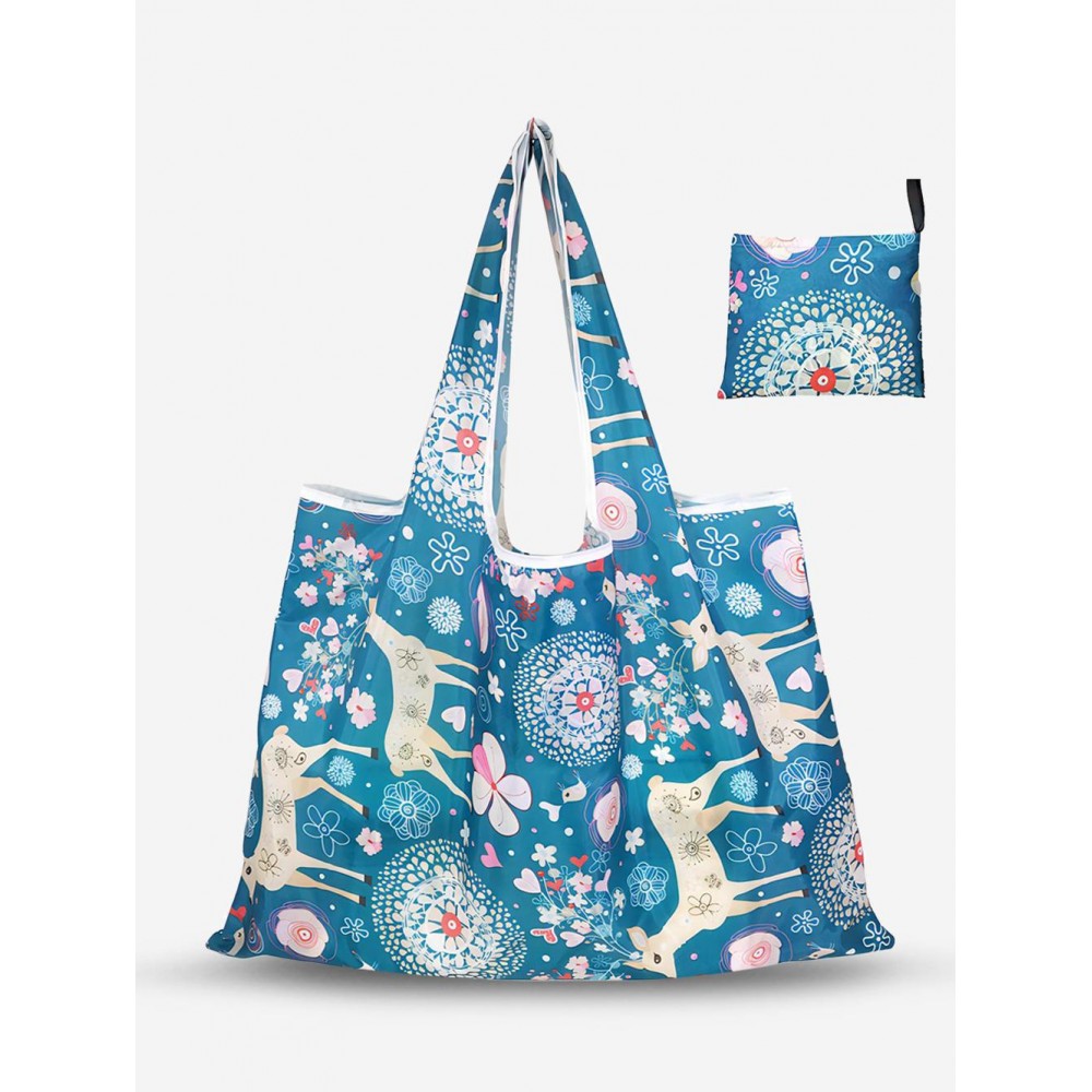 Animal Deer Floral Pattern Foldable Large Capacity Shopper Tote Bag with Coin Purse