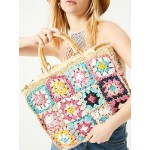 Women's Handmade Weave Flower Patterblock Hollow Out Bamboo Joint Handle Vacation Beach Tote Bag (Random Color)