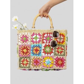 Women's Handmade Weave Flower Patterblock Hollow Out Bamboo Joint Handle Vacation Beach Tote Bag (Random Color)