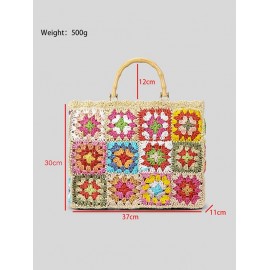 Women's Handmade Weave Flower Patterblock Hollow Out Bamboo Joint Handle Vacation Beach Tote Bag (Random Color)