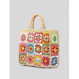 Women's Handmade Weave Flower Patterblock Hollow Out Bamboo Joint Handle Vacation Beach Tote Bag (Random Color)