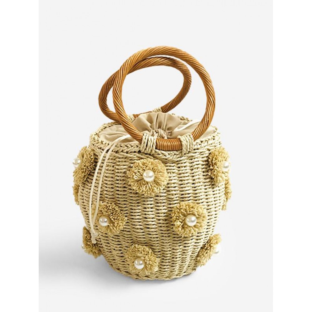 Floral Applique Faux Pearls Straw Bucket Bag