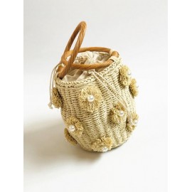 Floral Applique Faux Pearls Straw Bucket Bag