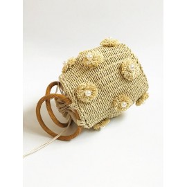 Floral Applique Faux Pearls Straw Bucket Bag