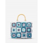 Women's Handmade Weave Random Flower Pattern Hollow Out Bamboo Joint Handle Vacation Beach Tote Bag (Random Color)