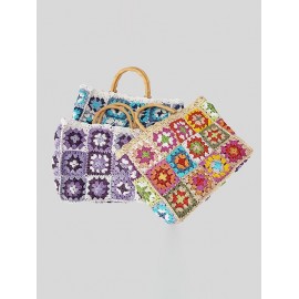 Women's Handmade Weave Random Flower Pattern Hollow Out Bamboo Joint Handle Vacation Beach Tote Bag (Random Color)