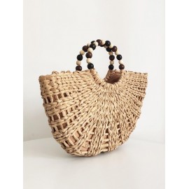 Women's Beach Vacation Large Capacity Beading Handle Straw Bag