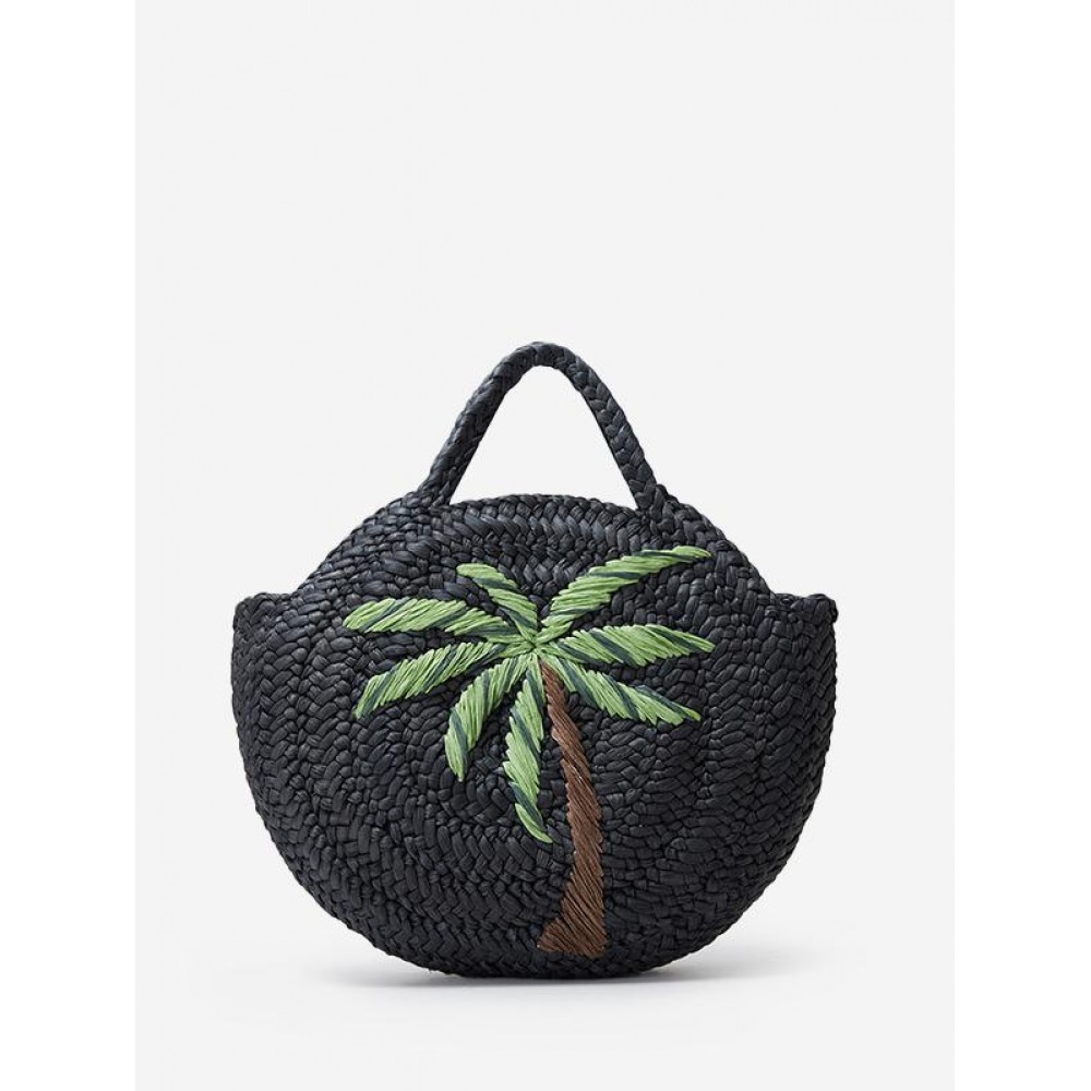 Women's Handmade Braided Coconut Tree Embroidered Raffia Straw Beach Round Tote Bag