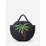 Women's Handmade Braided Coconut Tree Embroidered Raffia Straw Beach Round Tote Bag