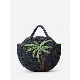 Women's Handmade Braided Coconut Tree Embroidered Raffia Straw Beach Round Tote Bag