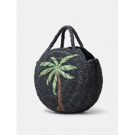 Women's Handmade Braided Coconut Tree Embroidered Raffia Straw Beach Round Tote Bag