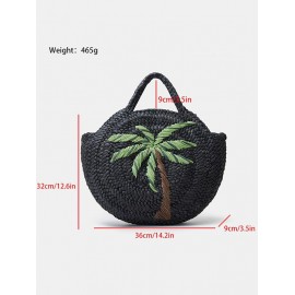 Women's Handmade Braided Coconut Tree Embroidered Raffia Straw Beach Round Tote Bag